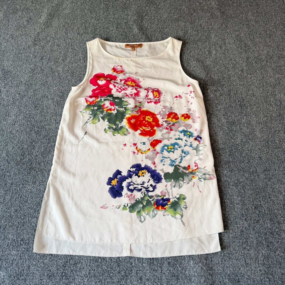 Ellen Tracy Womens White Floral Print‎ Sleeveless Boat Neck Blouse Top Size 6
